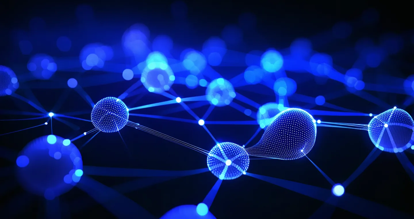 Abstract dark network topology with glowing electric-blue routing paths branching and converging, representing multi-agent workflow orchestration